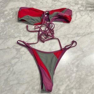 Colorblock Bandeau Bikini Set - Pink, Red & Gray